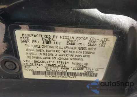 2005 Nissan Sentra 1.8S from USA, damaged, VIN 3N1CB51D95L575619
